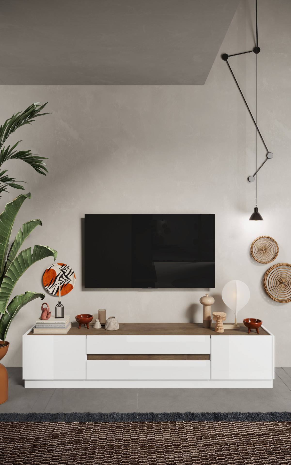 Mueble TV FANTASY blanco lacado/roble Mercure 205 cm