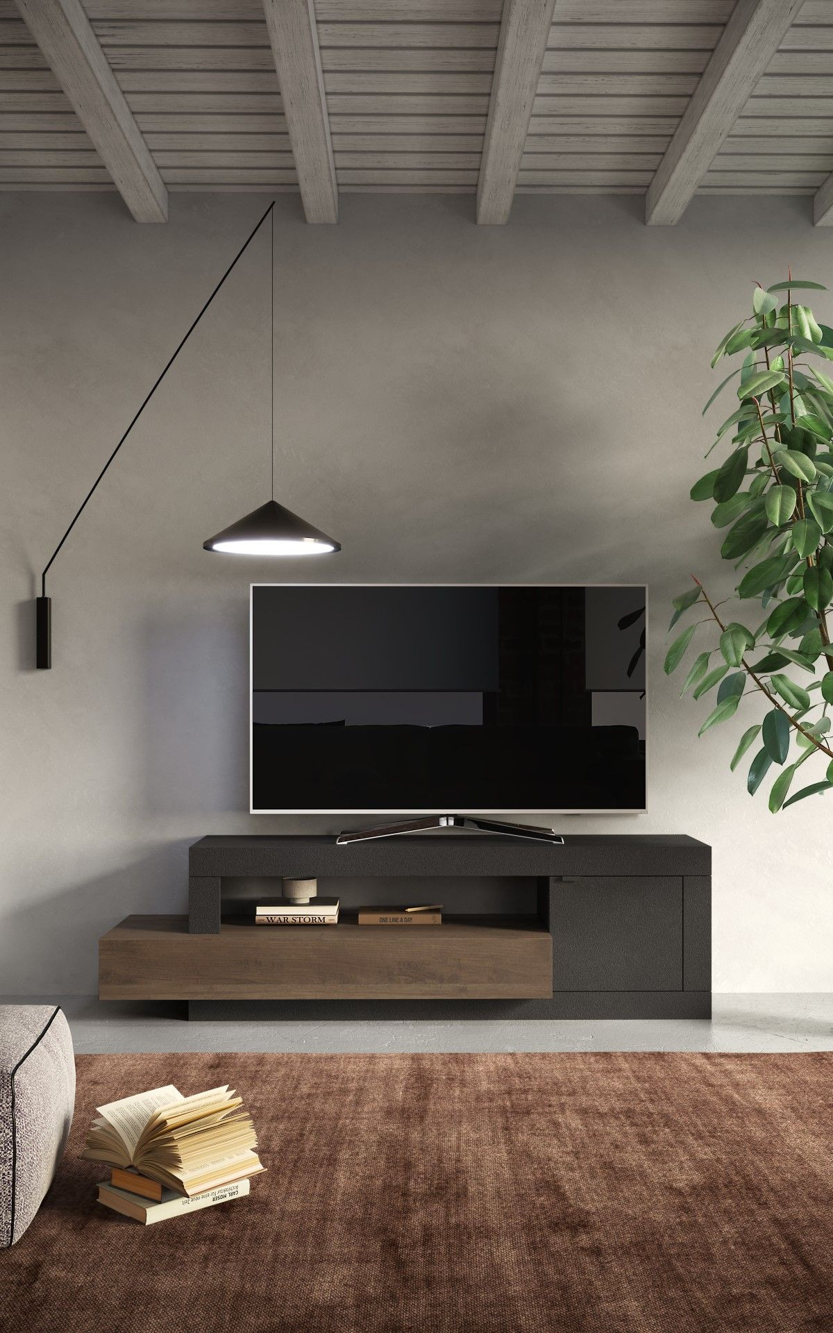 Mueble TV 1 puerta + 1 cajón FREEDOM Lava/roble Mercure 160 cm