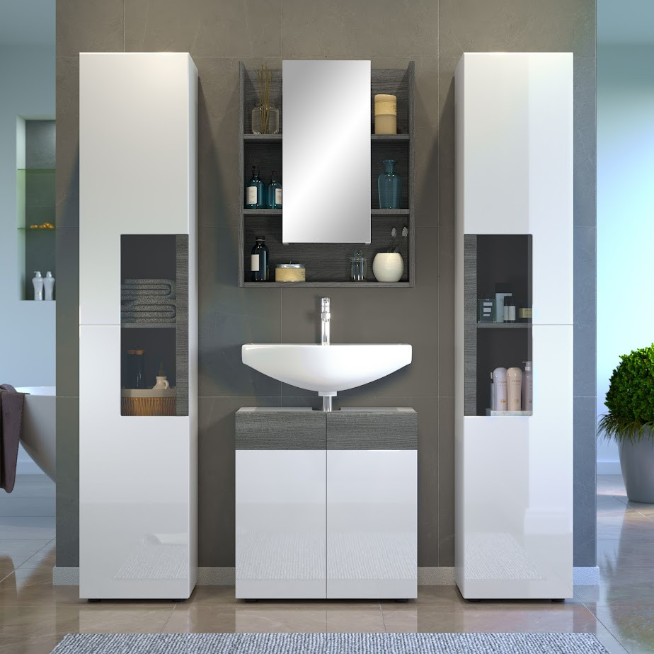 Conjunto mueble de baño con lavabo y espejo Baho PARK roble glandstone  blanco 100 cm - Grup Gamma