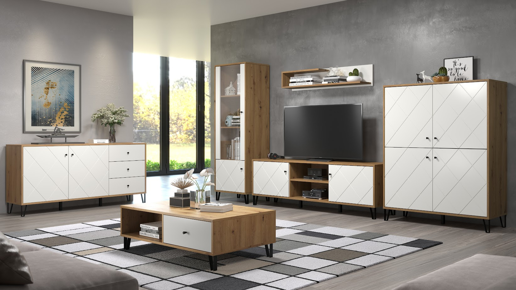 Salón BIANCA completo: mesa de centro, mueble TV, vitrina, cómoda