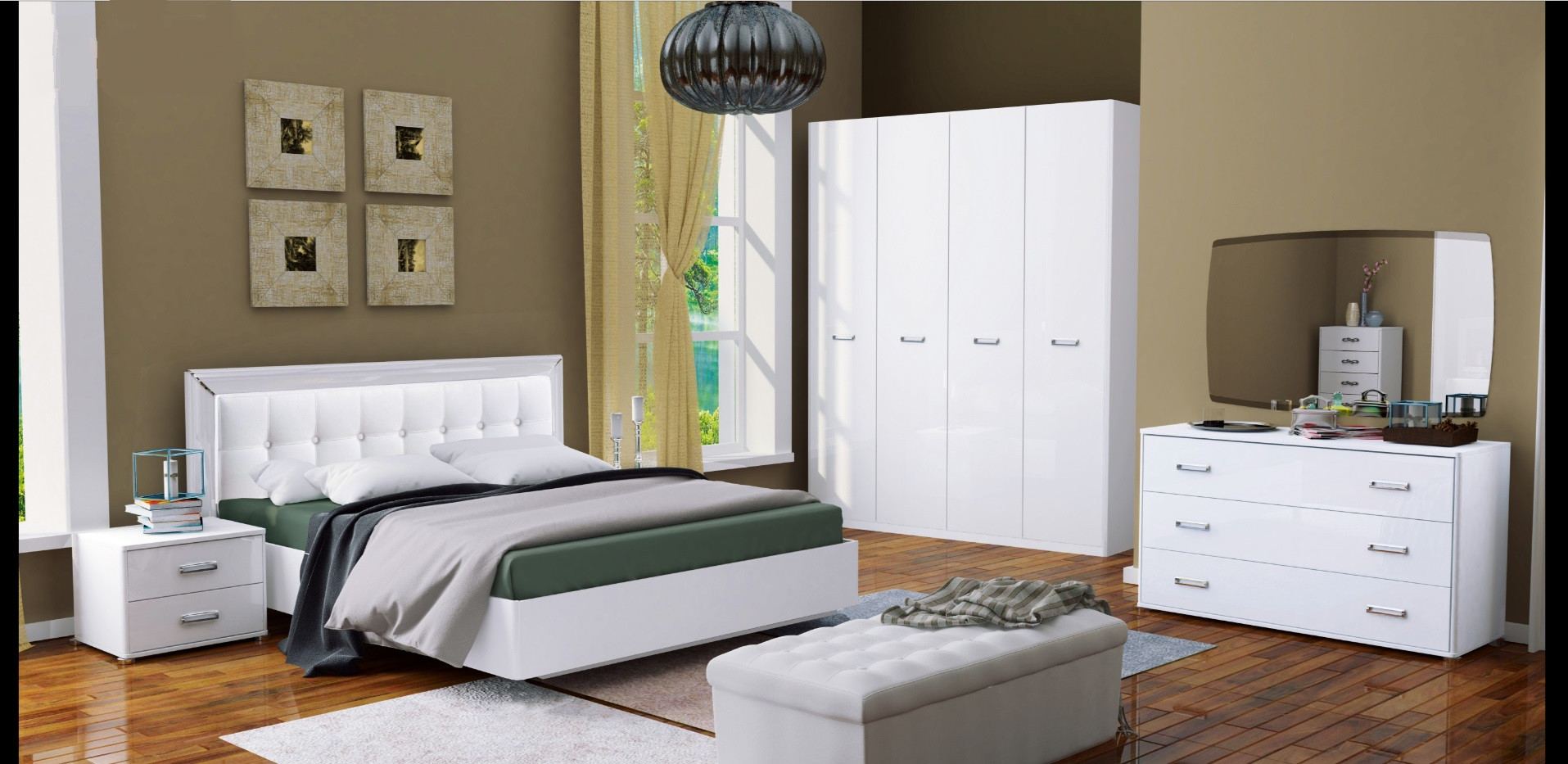 Juego de cama blanco BELLA + 2 mesillas + cómoda + armario