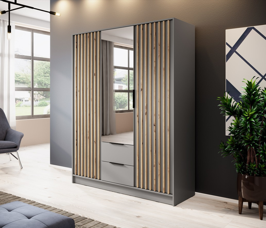 Armario 3 puertas MELODIE 155 cm gris con espejo