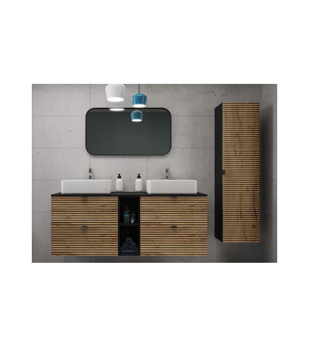 Meuble de salle de bain sous vasque avec colonne - Grenier chêne artisanal doré