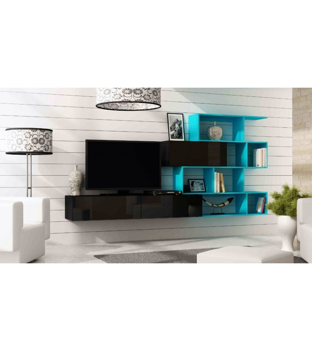Conjunto mueble TV suspendido VIGO BOX negro y turquesa lacado 180 cm