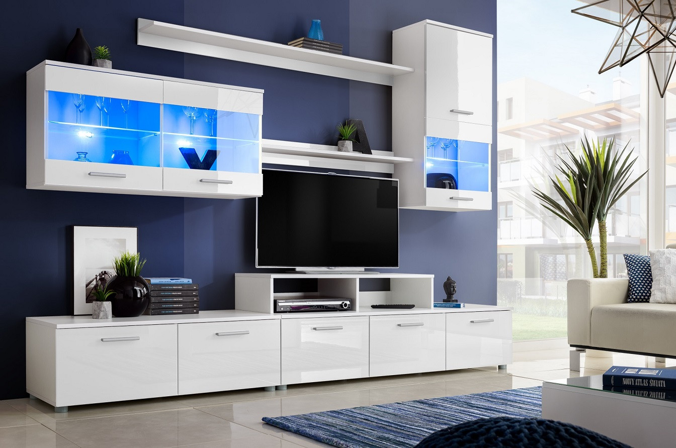Conjunto mueble TV AJACCIO II blanco alto brillo 250 cm