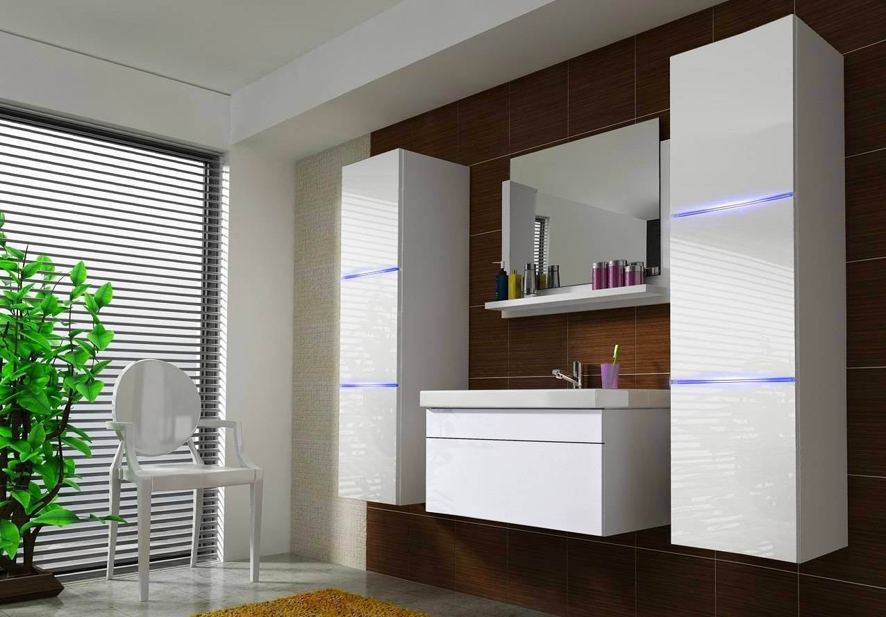 Meuble Salle de Bains 80 cm, Vasque Blanche, Miroir Led et Colonne