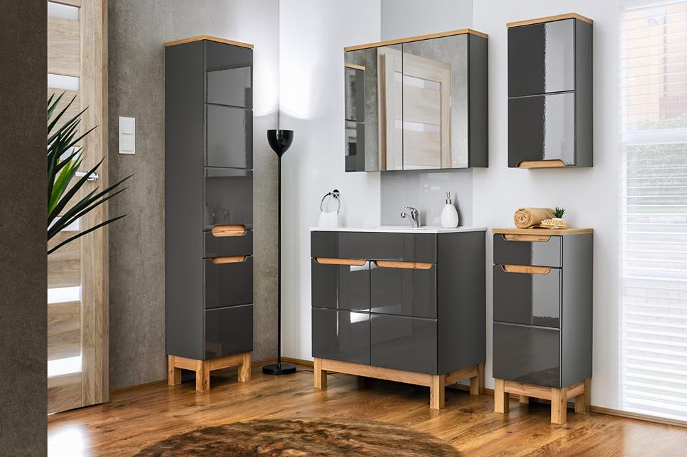 Ensemble BUENO NOIR LAQUE salle de bain L80 avec 1 colonne basse, 1 miroir- armoire et 1 meuble haut