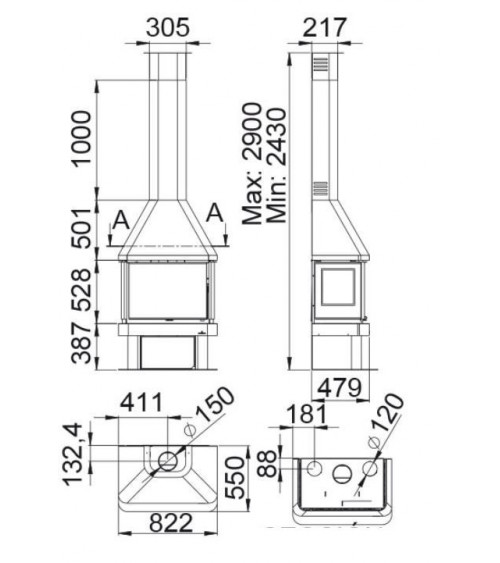 Poêle à bois ANACO 3 faces vitrées avec turbine 12 kW