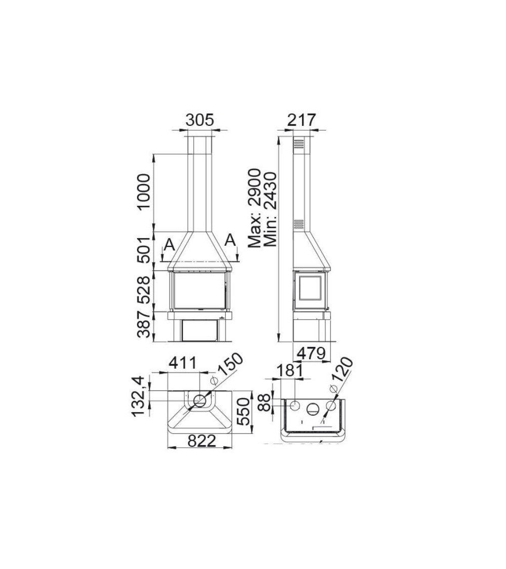 Poêle à bois ANACO 3 faces vitrées avec turbine 12 kW