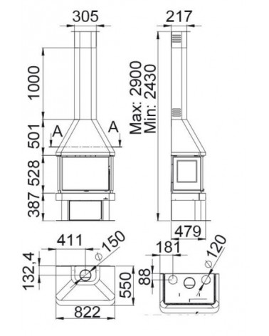 Poêle à bois ANACO 3 faces vitrées avec turbine 12 kW