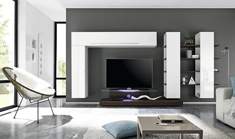 Meuble tv sur pied ou mural 3 portes 240 cm avec led blanc et gris