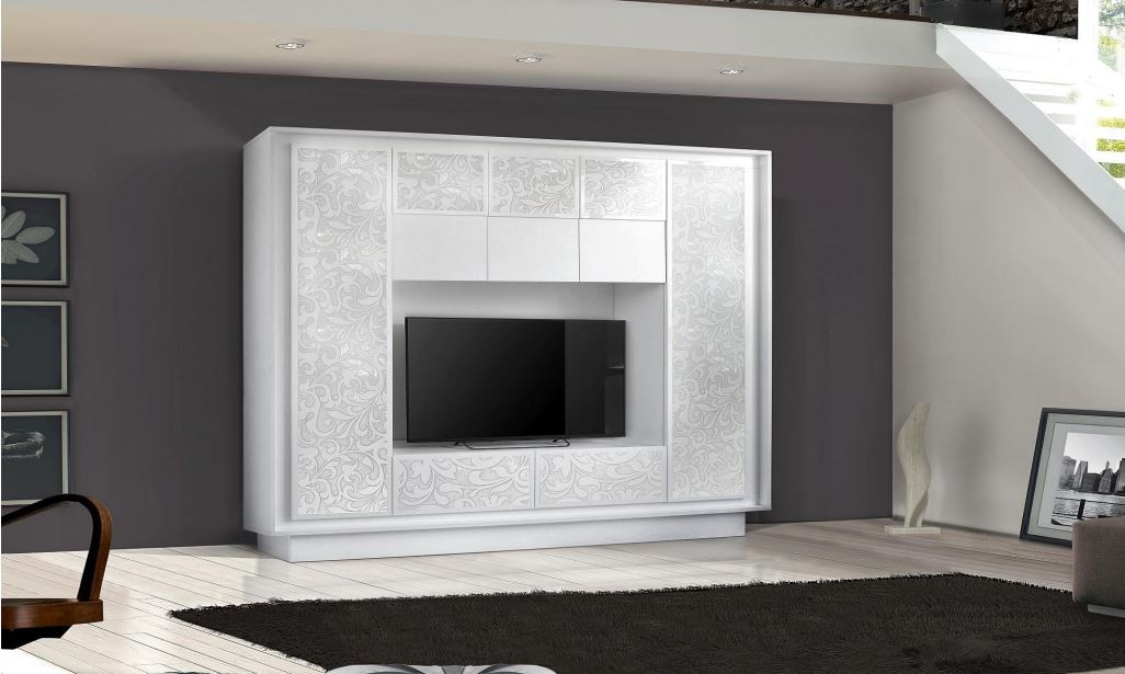 Conjunto mueble TV COLGAR FLOR blanco serigrafiado 240 cm