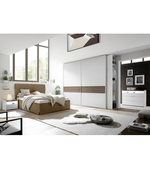 Chambre complète AMALTI noyer noir et blanc lit 160x200 cm avec coffre de rangement 