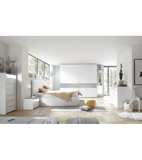 Chambre complète AMALTI blanc et bêton lit 160x200 cm avec coffre de rangement 