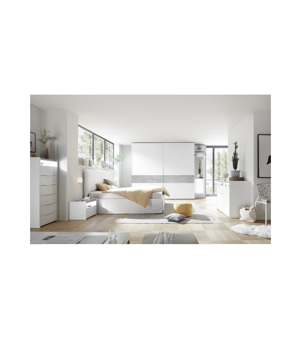 Chambre complète AMALTI blanc et bêton lit 160x200 cm avec coffre de rangement 