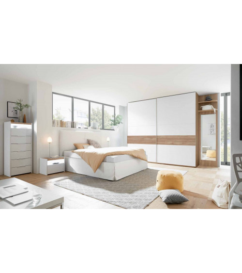 Chambre complète AMALTI blanc et chêne lit 160x200 cm avec coffre de rangement 