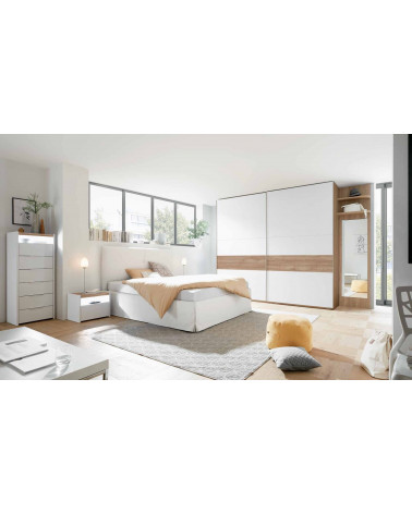 Chambre complète AMALTI blanc et chêne lit 160x200 cm avec coffre de rangement 