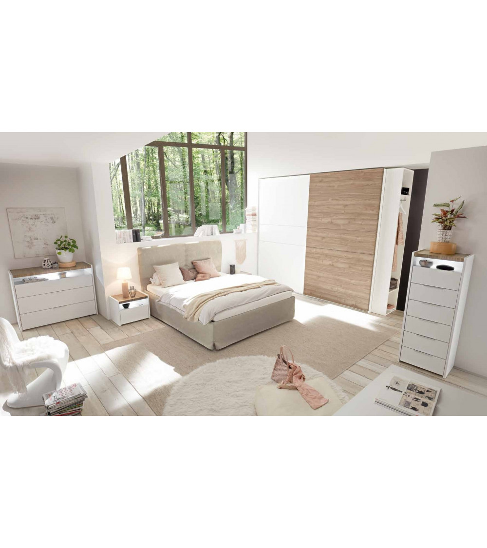 Chambre complète AMALTI blanc et chêne lit 160x200 cm avec coffre de rangement 