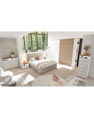 Chambre complète AMALTI blanc et chêne lit 160x200 cm avec coffre de rangement 