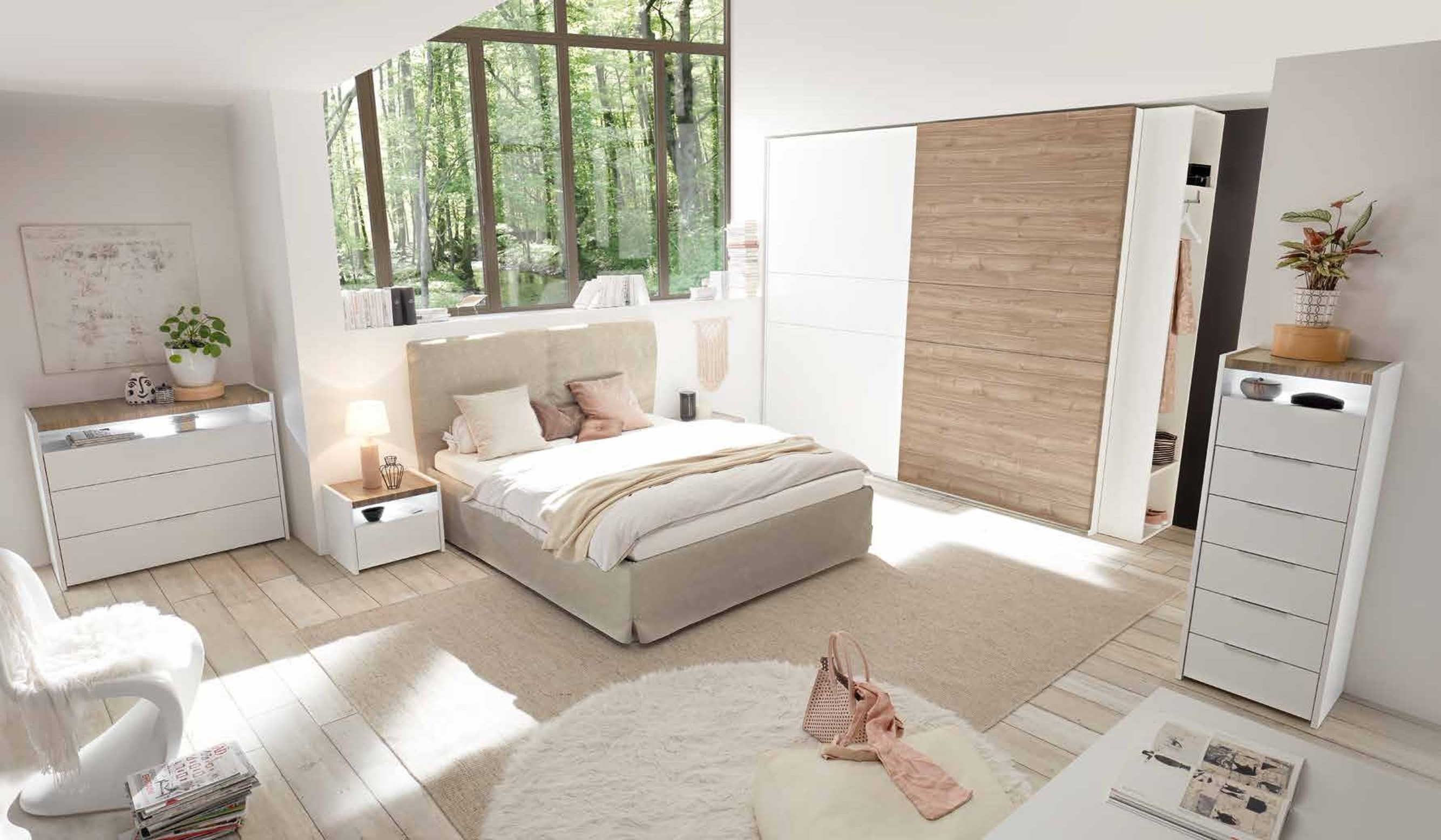 Chambre complète AMALTI blanc et chêne lit 160x200 cm avec coffre de  rangement
