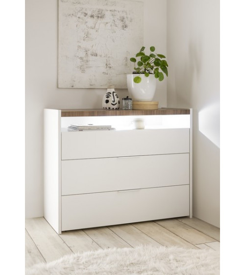 Chambre complète AMALTI blanc et chêne lit 160x200 cm avec coffre de rangement 