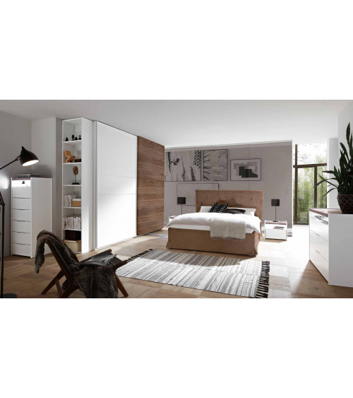 Chambre complète GALIA noyer noir et blanc lit 160x200 cm avec coffre de rangement 