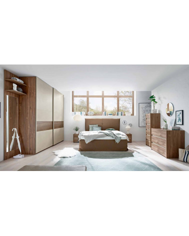 Chambre complète AMALTI noyer et crème lit 160x200 cm avec coffre de rangement 