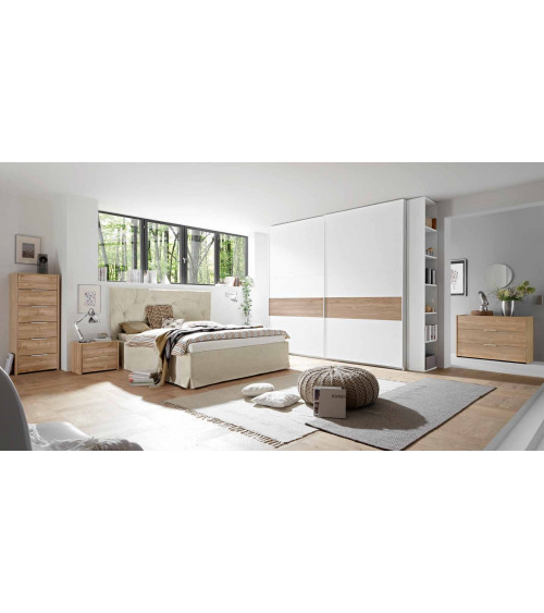 Chambre complète GALIA blanc et chêne lit 160x200 cm avec coffre de rangement 
