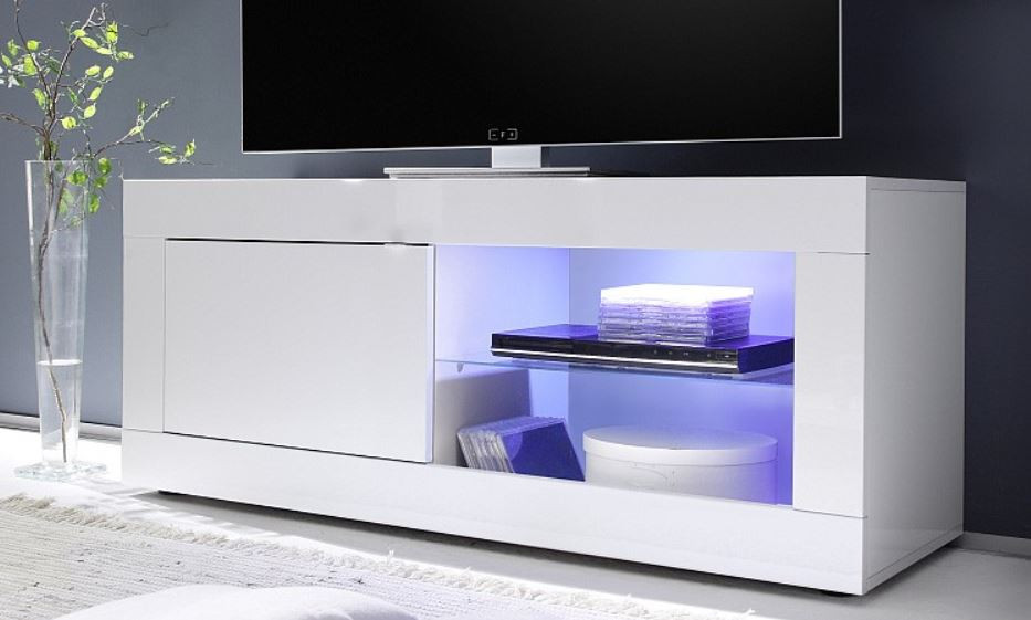 Mueble salon TV modular, color Blanco brillo con detalles en antracita  200cm