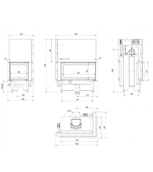 Insert cheminées à bois NADINE porte guillotine 2 côtés vitrés, version Droite 17 kW