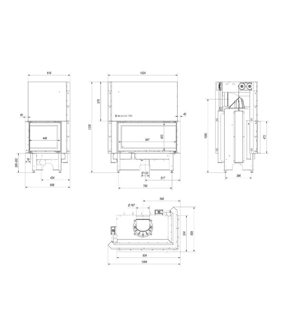 Insert cheminées à bois NADINE porte guillotine 2 côtés vitrés, version Droite 17 kW