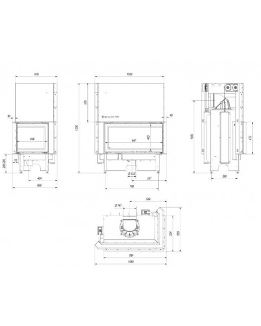 Insert cheminées à bois NADINE porte guillotine 2 côtés vitrés, version Droite 17 kW