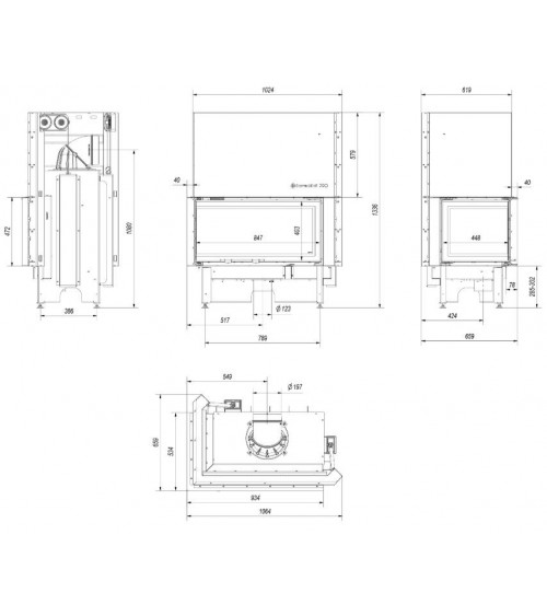 Insert cheminées à bois NADINE porte guillotine 2 côtés vitrés, version Gauche 17 kW