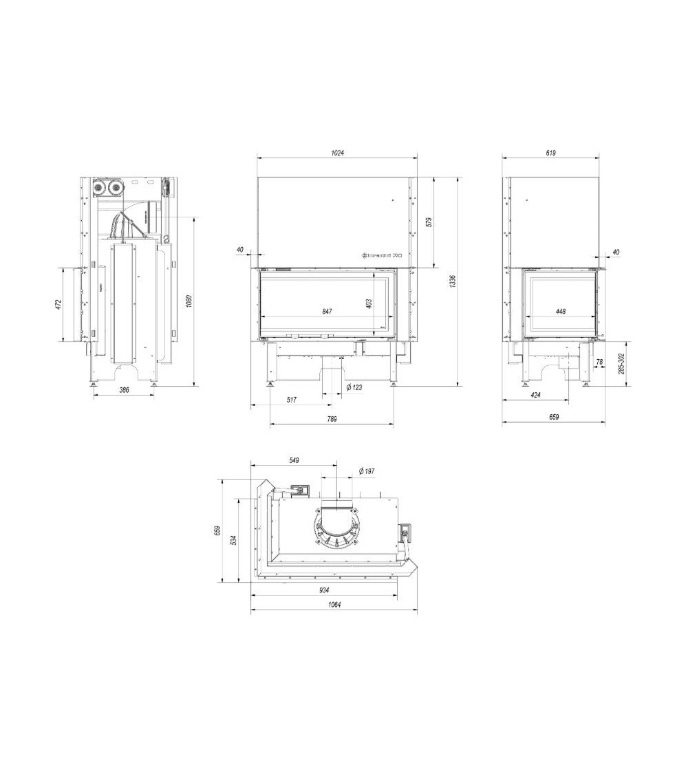 Insert cheminées à bois NADINE porte guillotine 2 côtés vitrés, version Gauche 17 kW