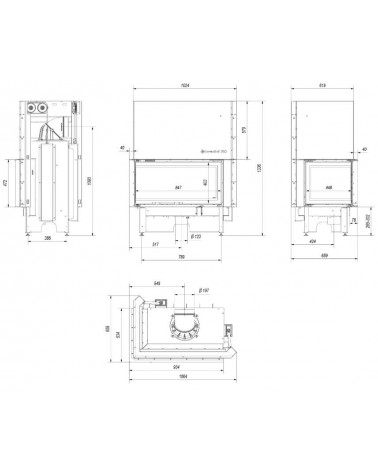 Insert cheminées à bois NADINE porte guillotine 2 côtés vitrés, version Gauche 17 kW