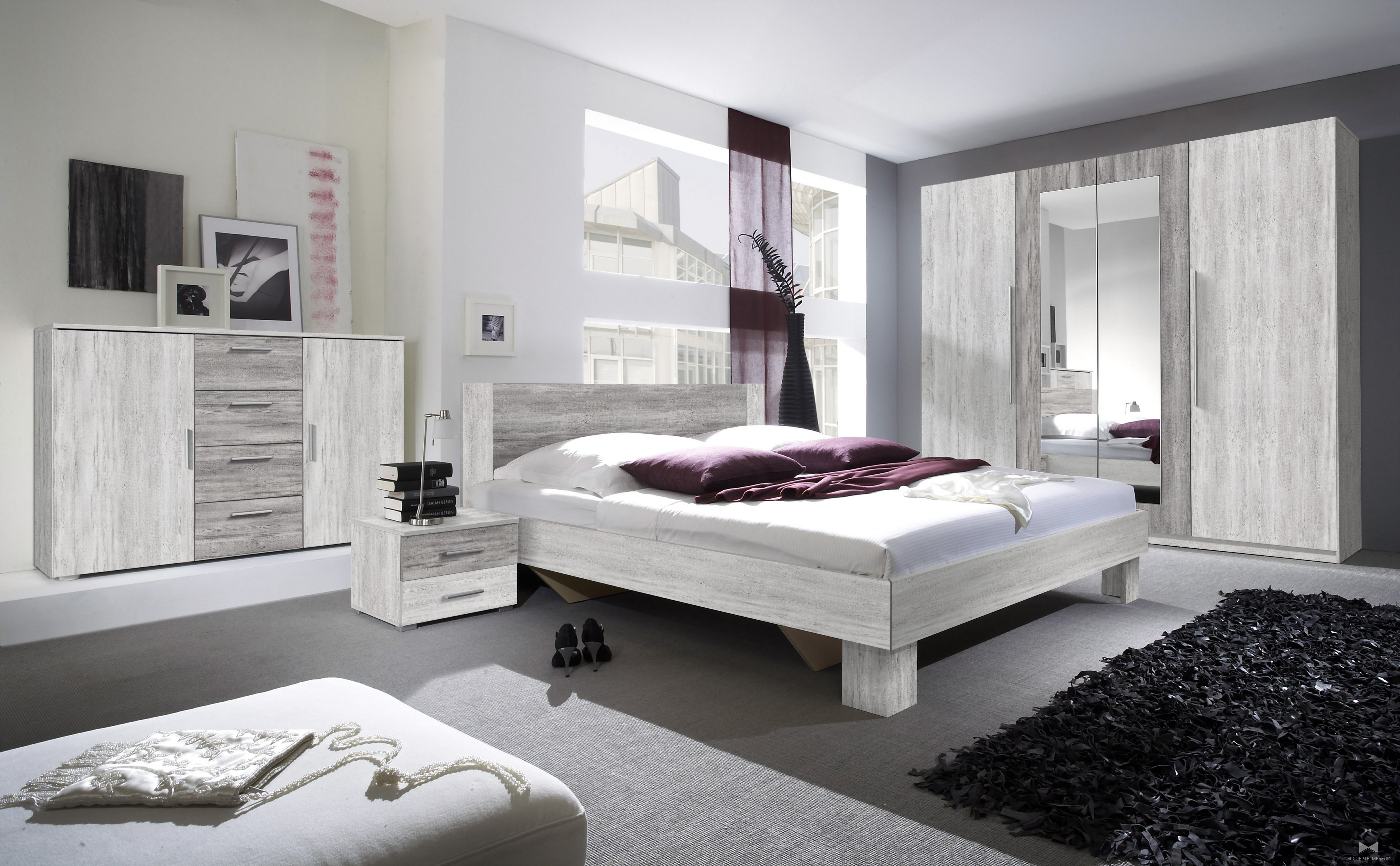 Chambre adulte contemporaine blanc/verre gris Bridget