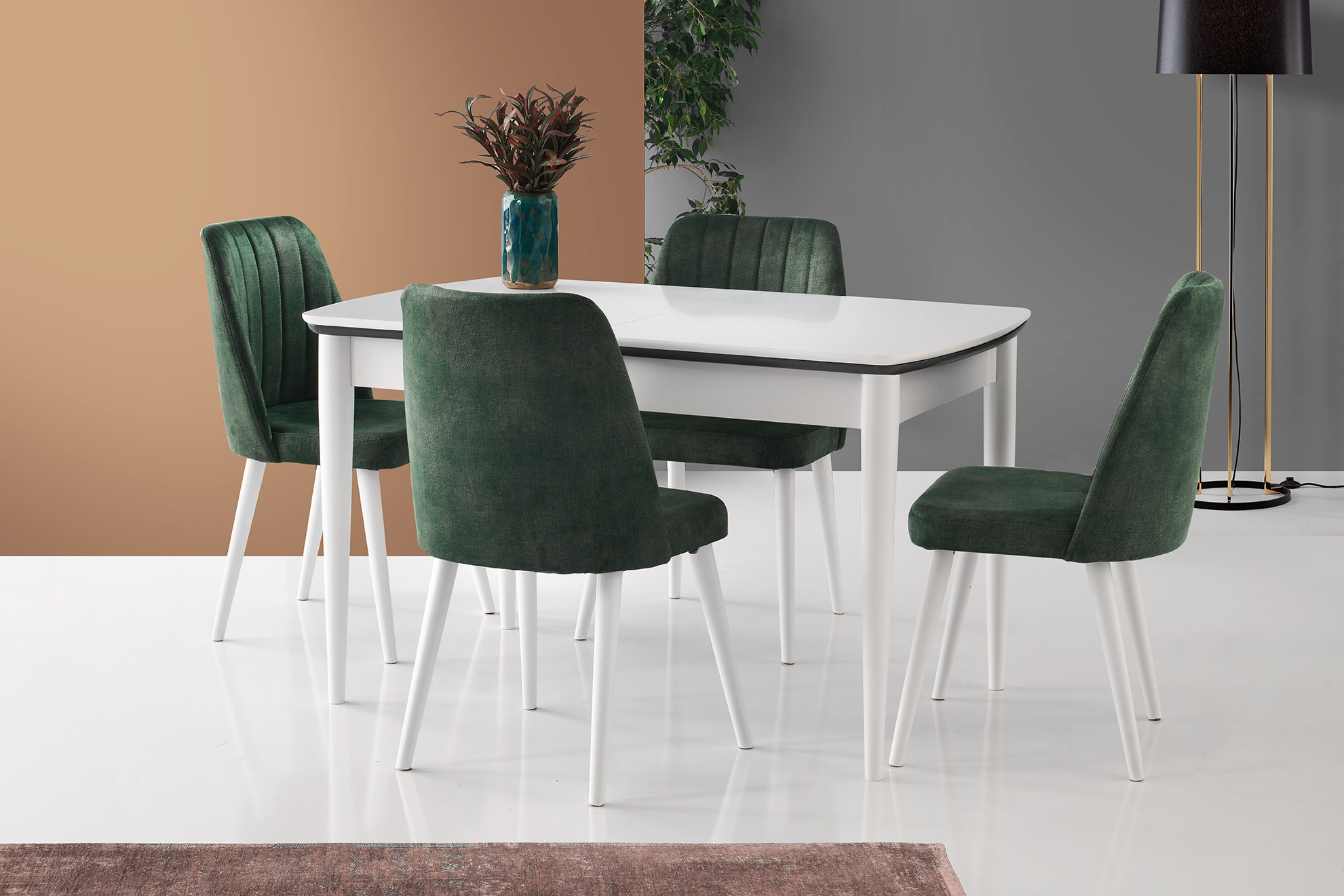 Ensemble table extensible 160-200cm blanche et 4 chaises vertes Sofia