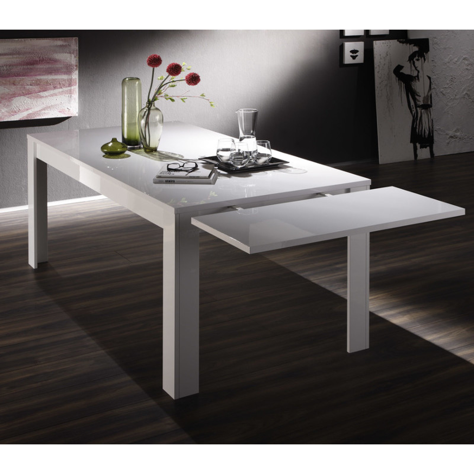Table de salle à manger extensible, couleur blanc brillant