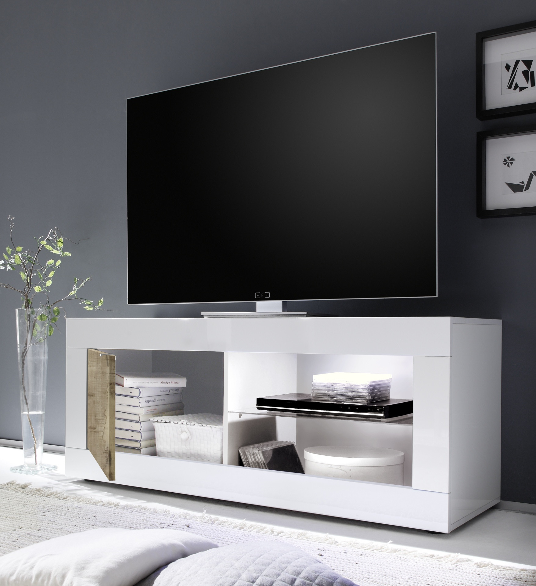 Mueble TV 1 puerta BASIC blanco y cemento 140 cm
