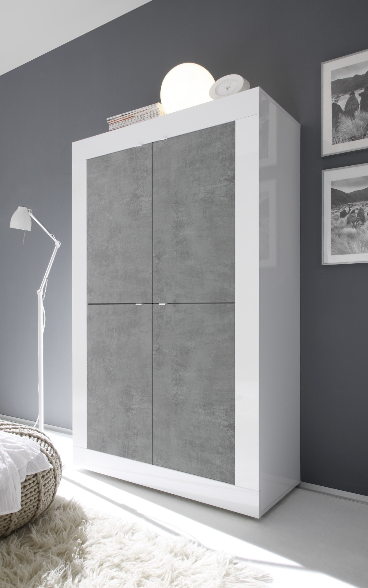 Mueble almacenaje 4 puertas BASIC blanco y cemento 102 x 163 cm