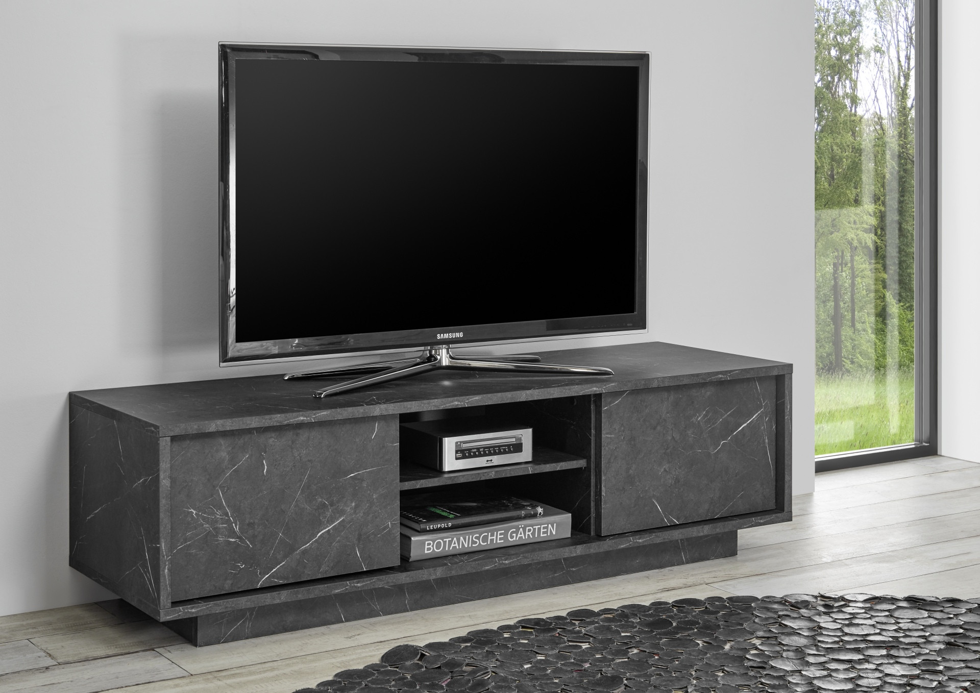 Mueble Tv Madera Marmol Negro con 4 puertas