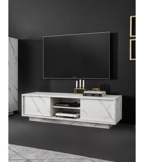 Meuble TV VISCONTI effet marbre blanc 138cm