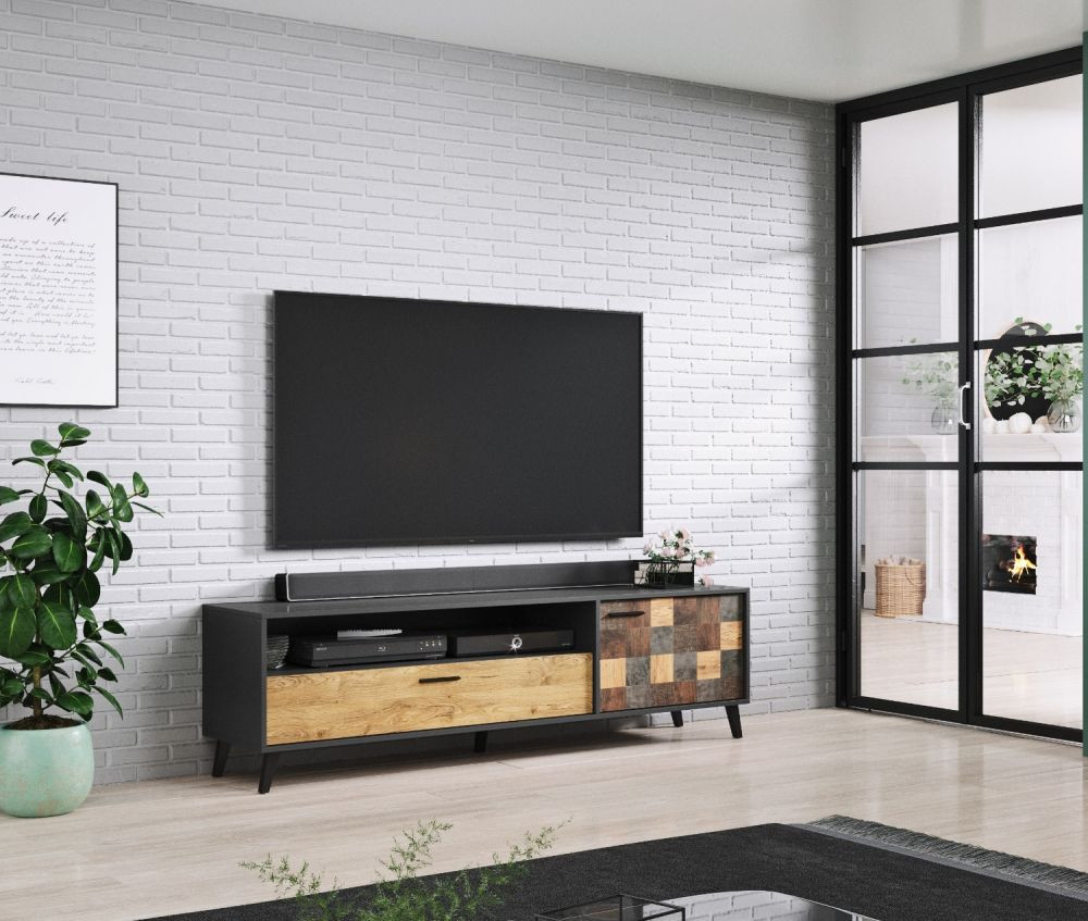 Mueble TV 1 puerta + 1 cajón FREEDOM Lava/roble Mercure 160 cm