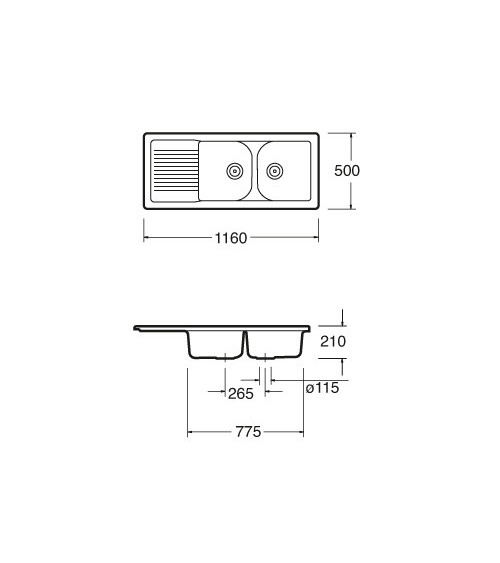 Evier double Molino avec égouttoir 1160 x 500 x 210mm
