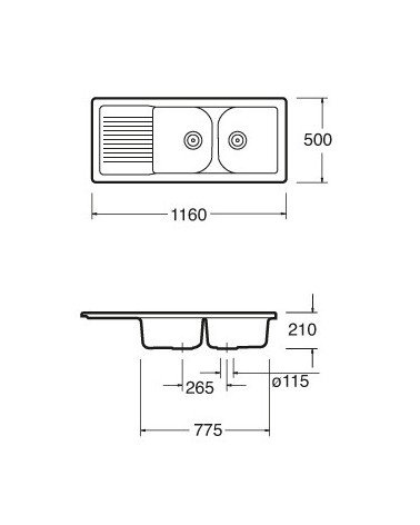 Evier double Molino avec égouttoir 1160 x 500 x 210mm