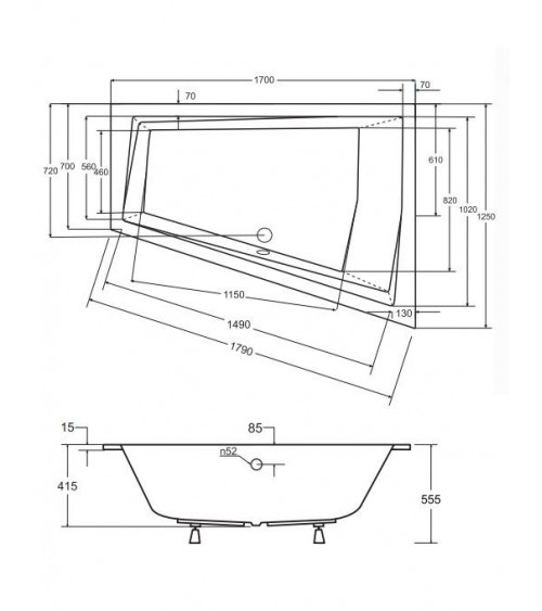 Bañera asimétrica de INTEGRA 150/170 x 75 cm con barrera de la bañera