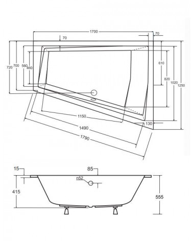 Bañera asimétrica de INTEGRA 150/170 x 75 cm con barrera de la bañera