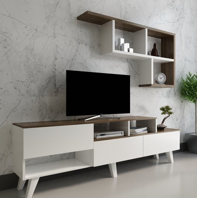 Ensemble meuble TV HAZAN 1 150 cm blanc et bois - Décoration séjour