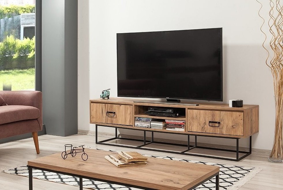 Mueble salon TV modular, color Blanco brillo con detalles en antracita 200cm