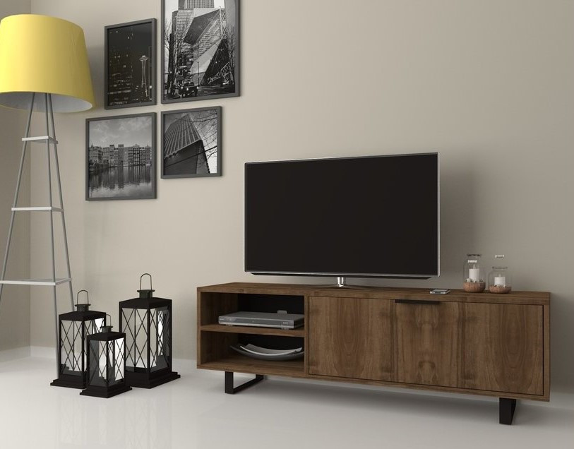 Style Classique en Bois Massif et MDF avec Finition Noyer Brillant Meuble TV Dim 46 x 160 x 56